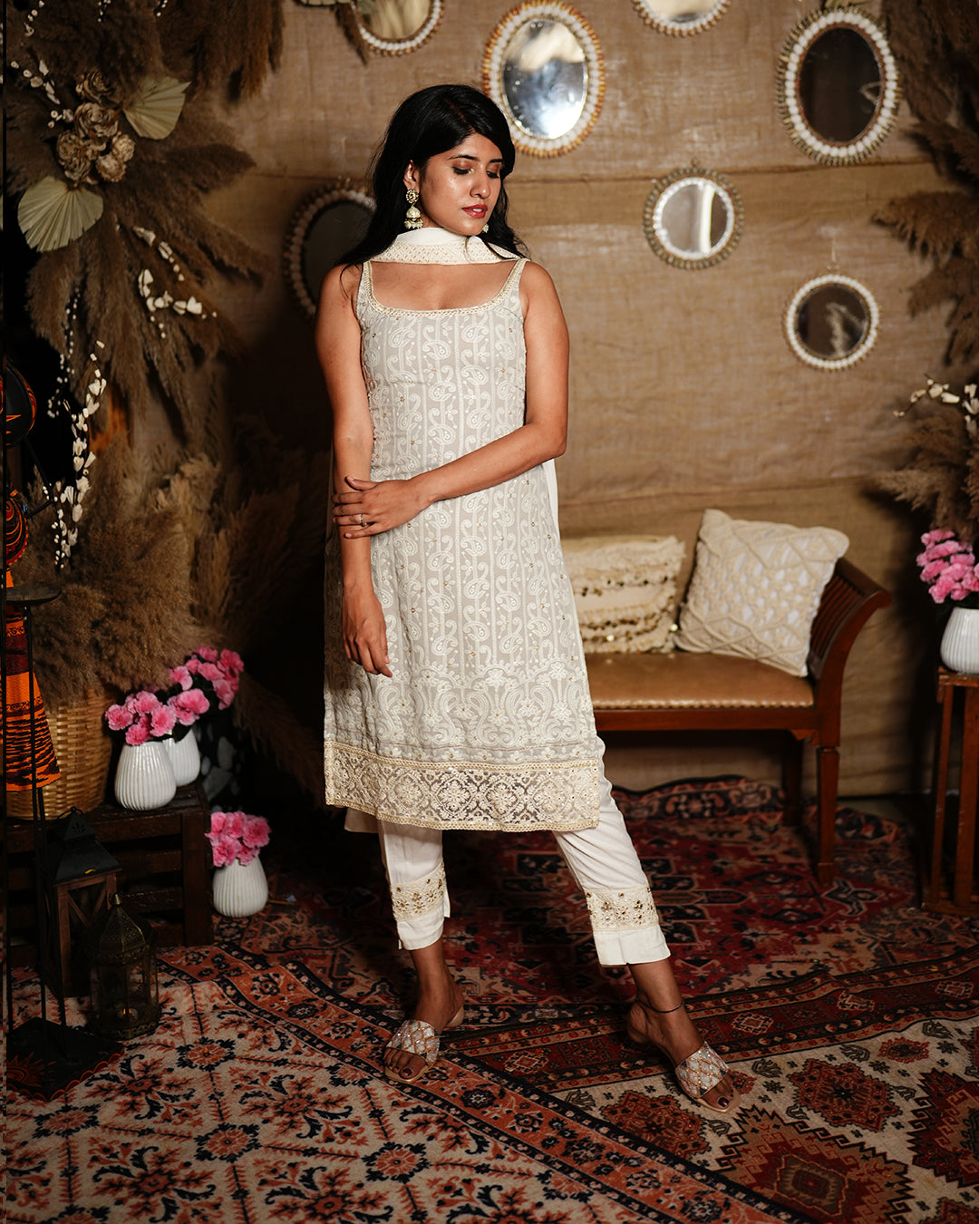 Smokey grey viscose georgette chikankari salwar suit