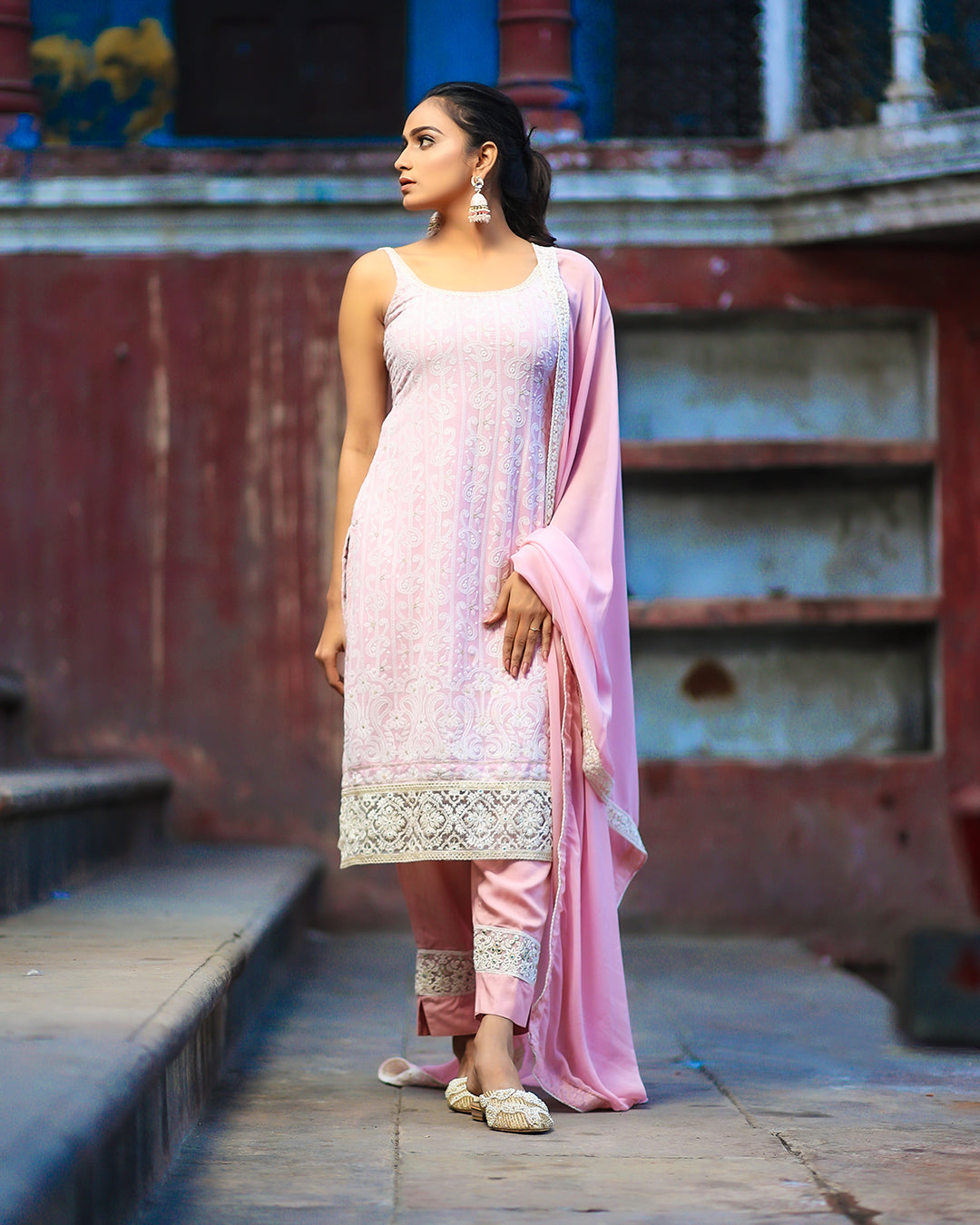 Dusky pink viscose georgette chikankari salwar suit