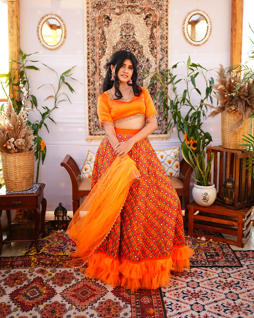 Tangerine orange peacock lehenga set