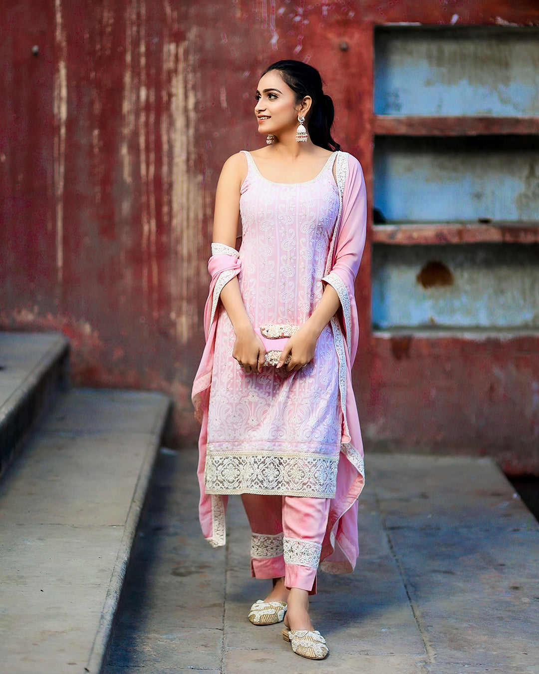 Dusky pink viscose georgette chikankari salwar suit