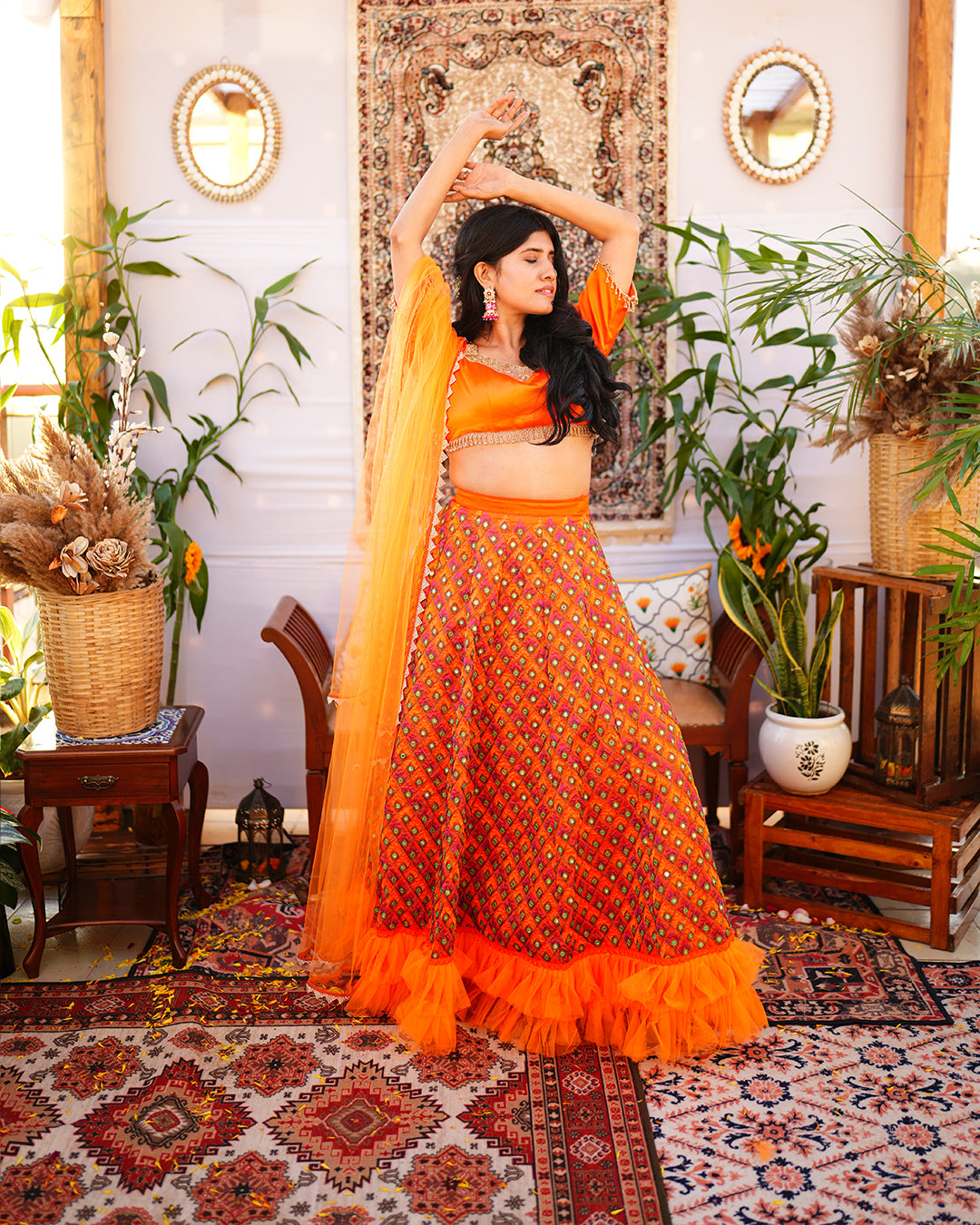 Tangerine orange peacock lehenga set