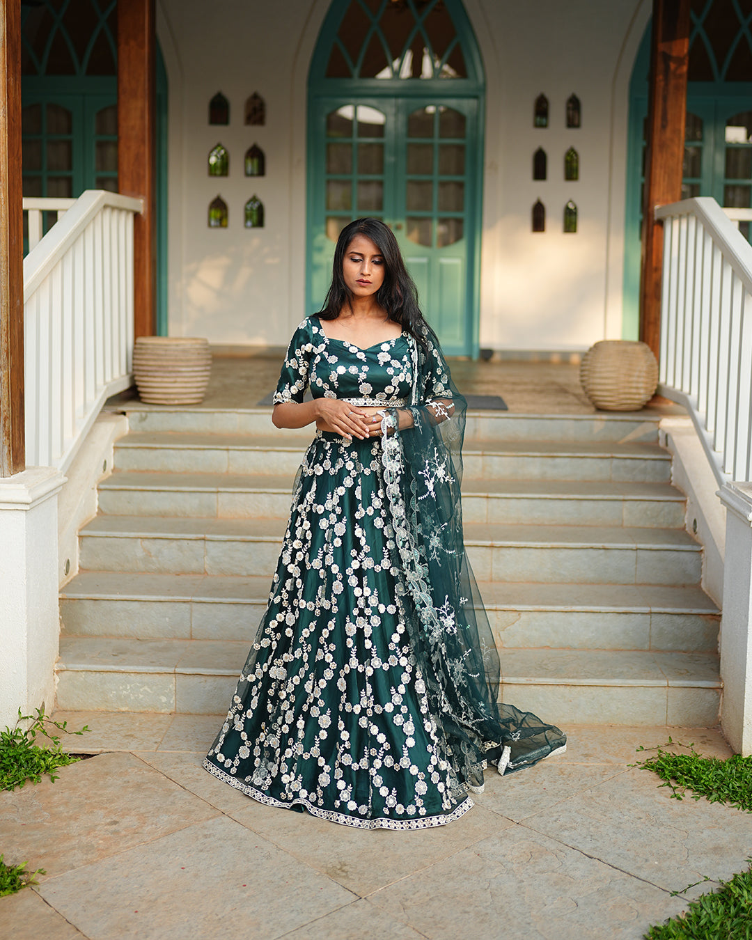 Dark Emerald green  flower embroidered