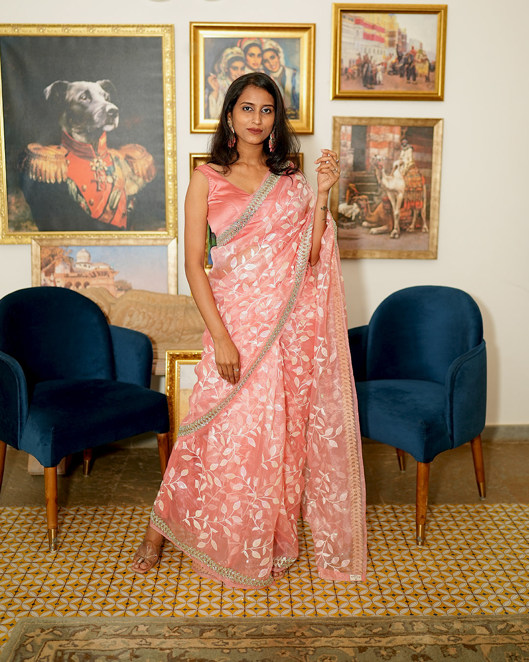 Coral pink organza mirror Cut saree