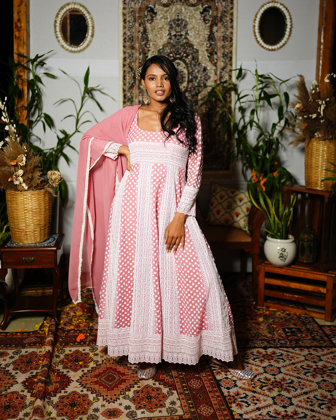 Dusky pink georgette chikankari anarkali