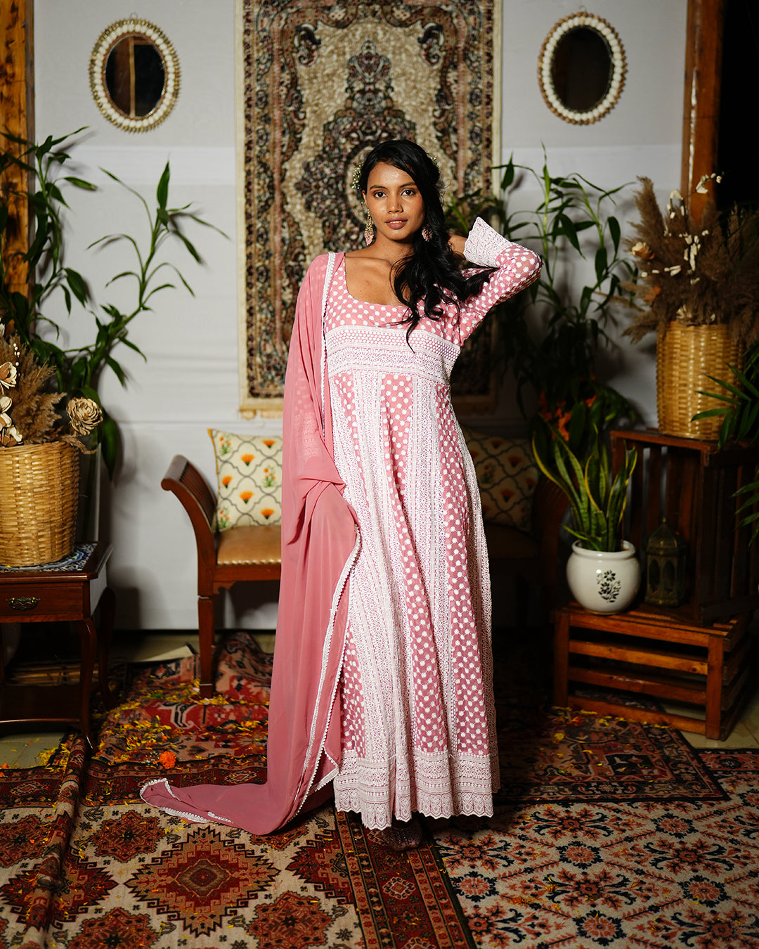 Dusky pink georgette chikankari anarkali