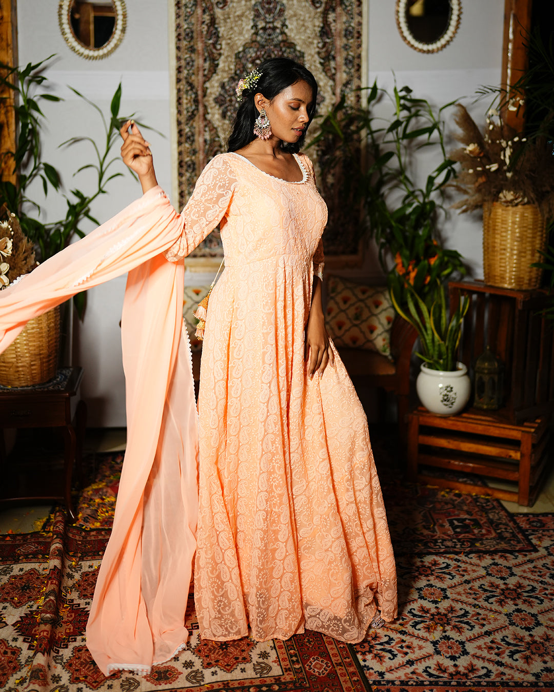 Peach fox georgette chikankari anarkali