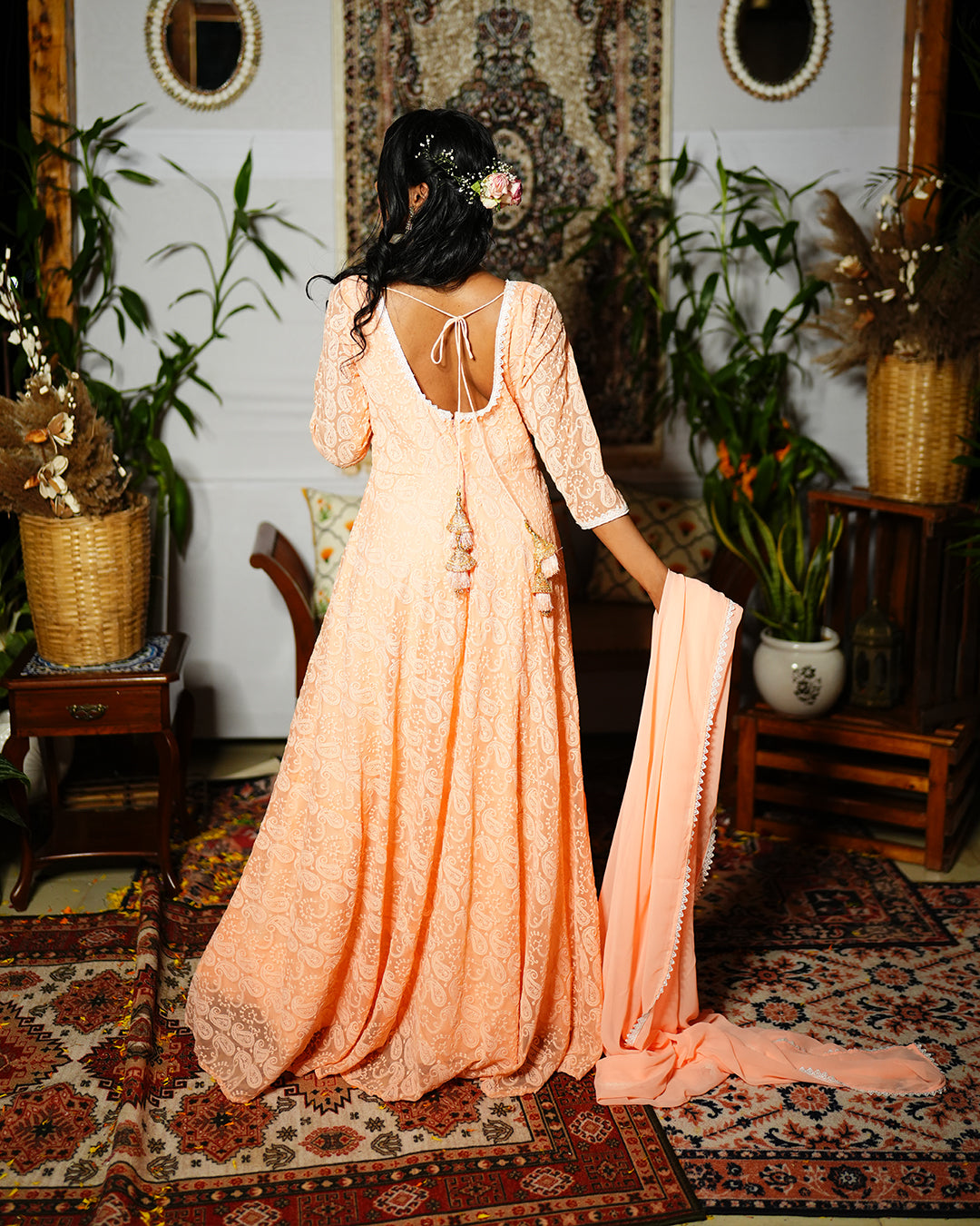 Peach fox georgette chikankari anarkali