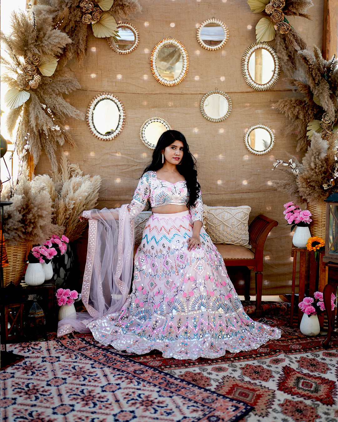 Powder Pink Foil mirror work Lehenga