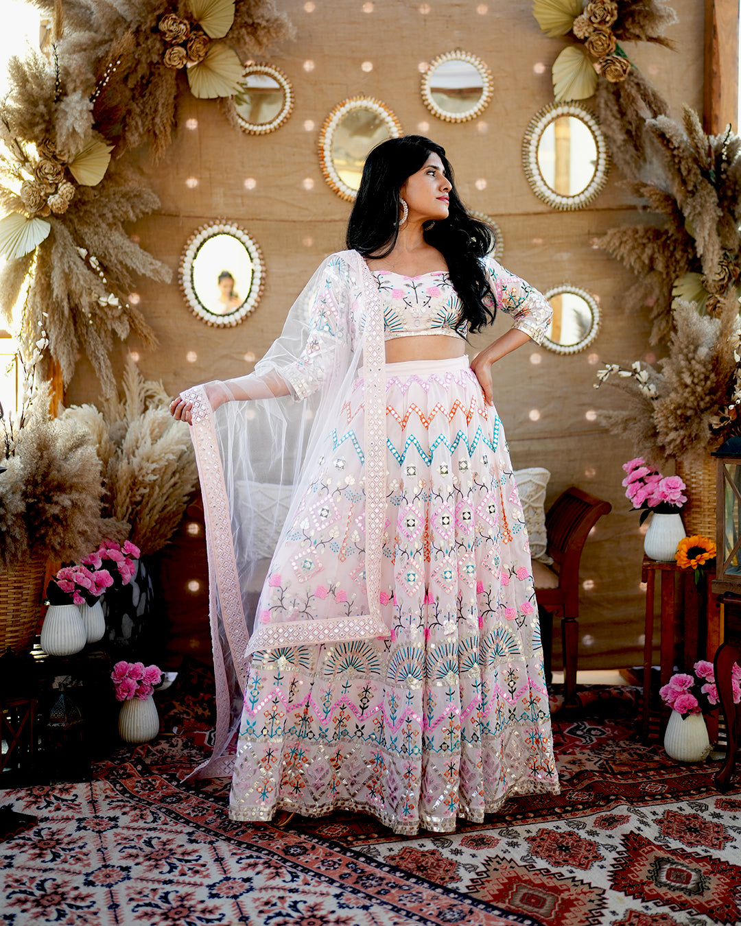 Powder Pink Foil mirror work Lehenga