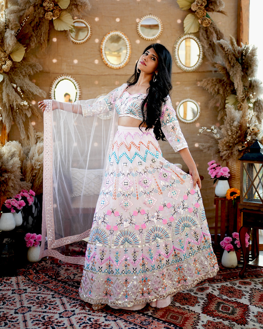 Powder Pink Foil mirror work Lehenga