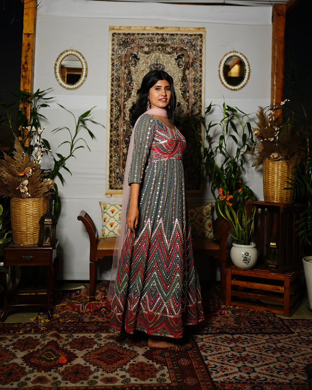 Grey mirror work anarkali set