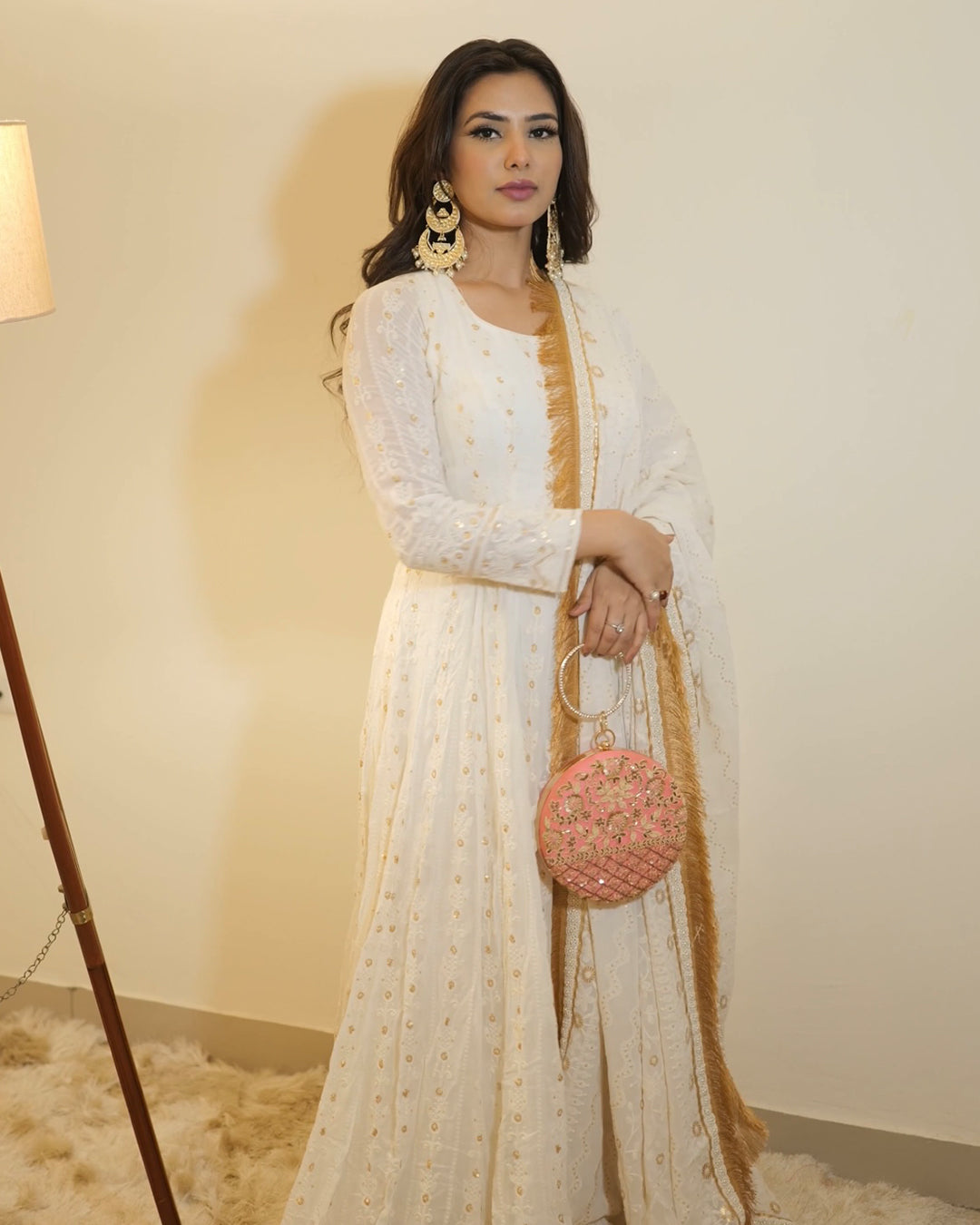 Egret white Viscose blooming georgette Anarkali