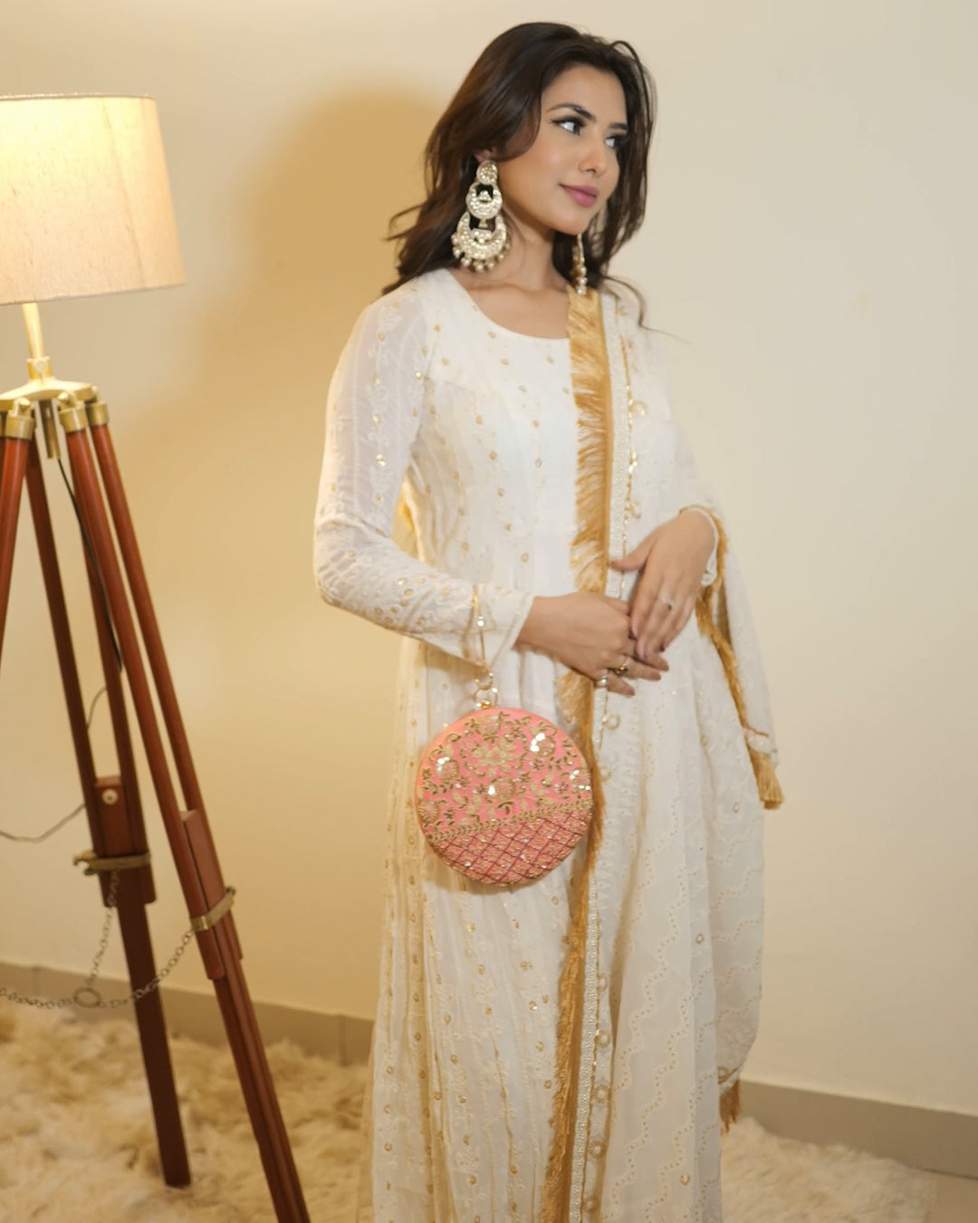 Egret white Viscose blooming georgette Anarkali