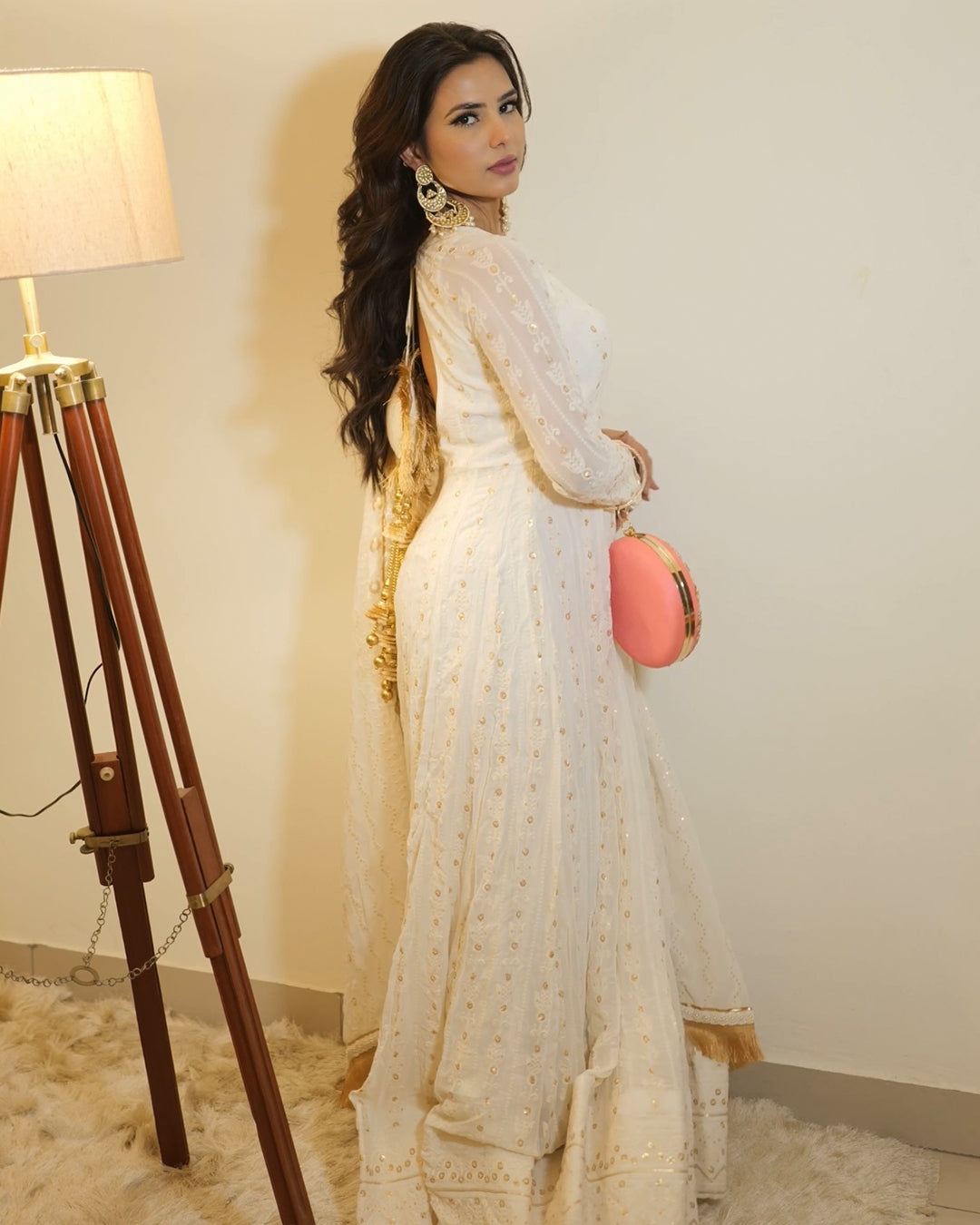 Egret white Viscose blooming georgette Anarkali