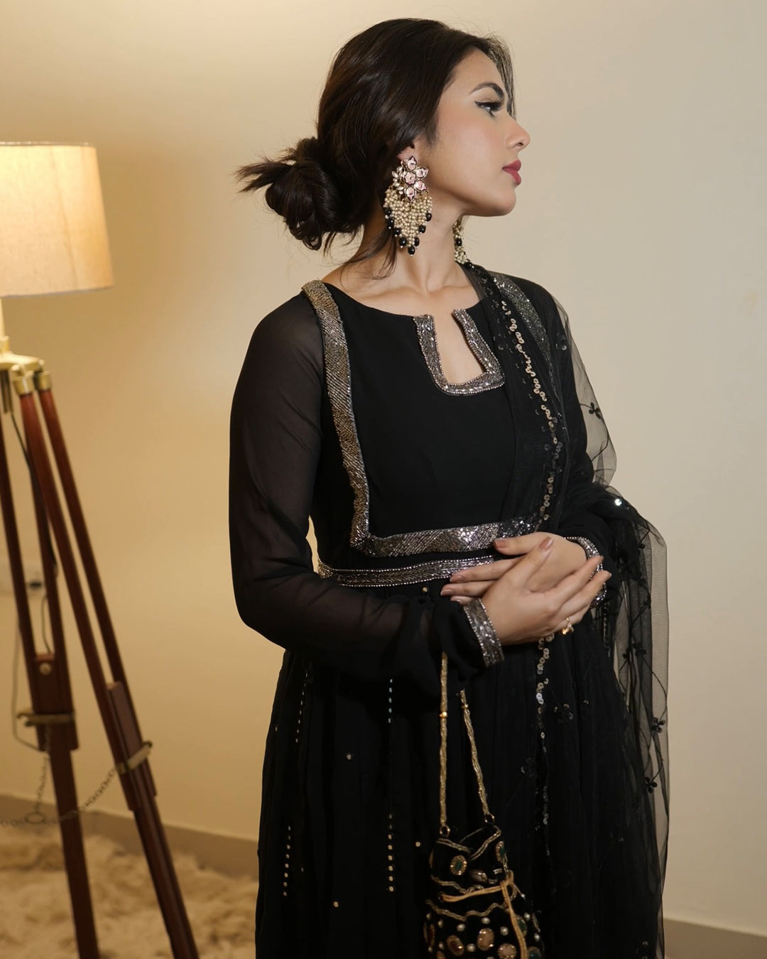 Stary night black blooming georgette mirror work Anarkali