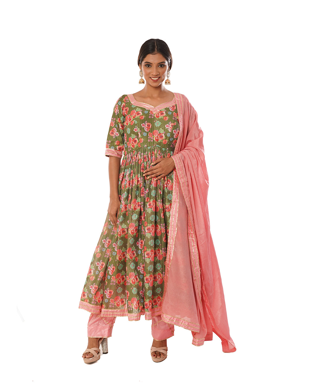 Moss green chanderi cotton anarkali set