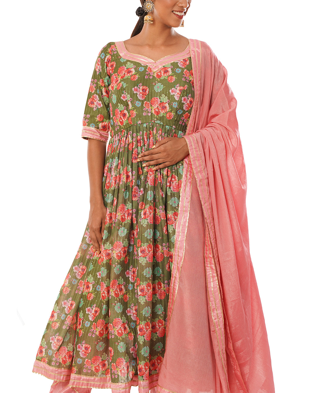 Moss green chanderi cotton anarkali set