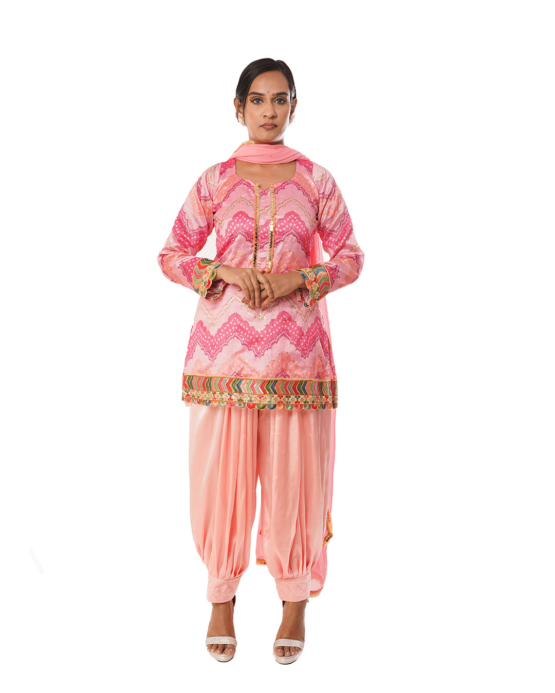 Pink Silk printed Pathani salwar set