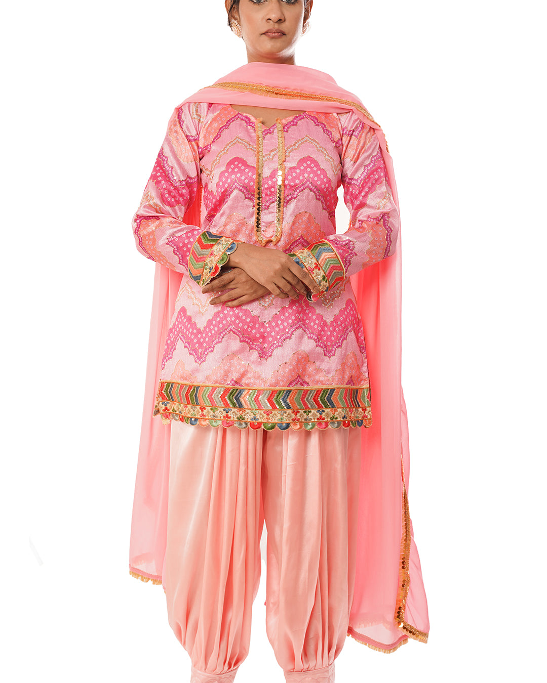 Pink Silk printed Pathani salwar set