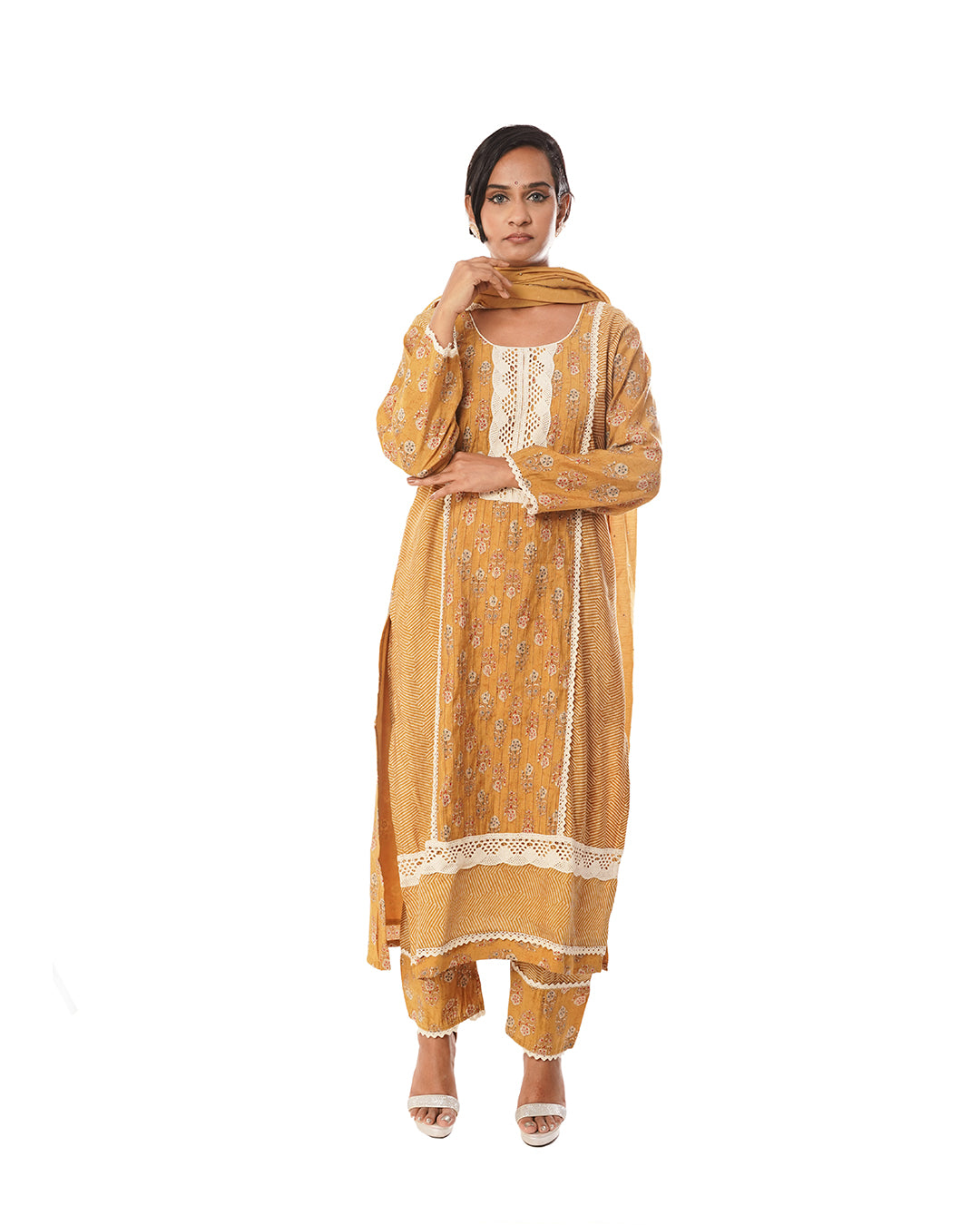 mustard muslin printed cotton churidar set