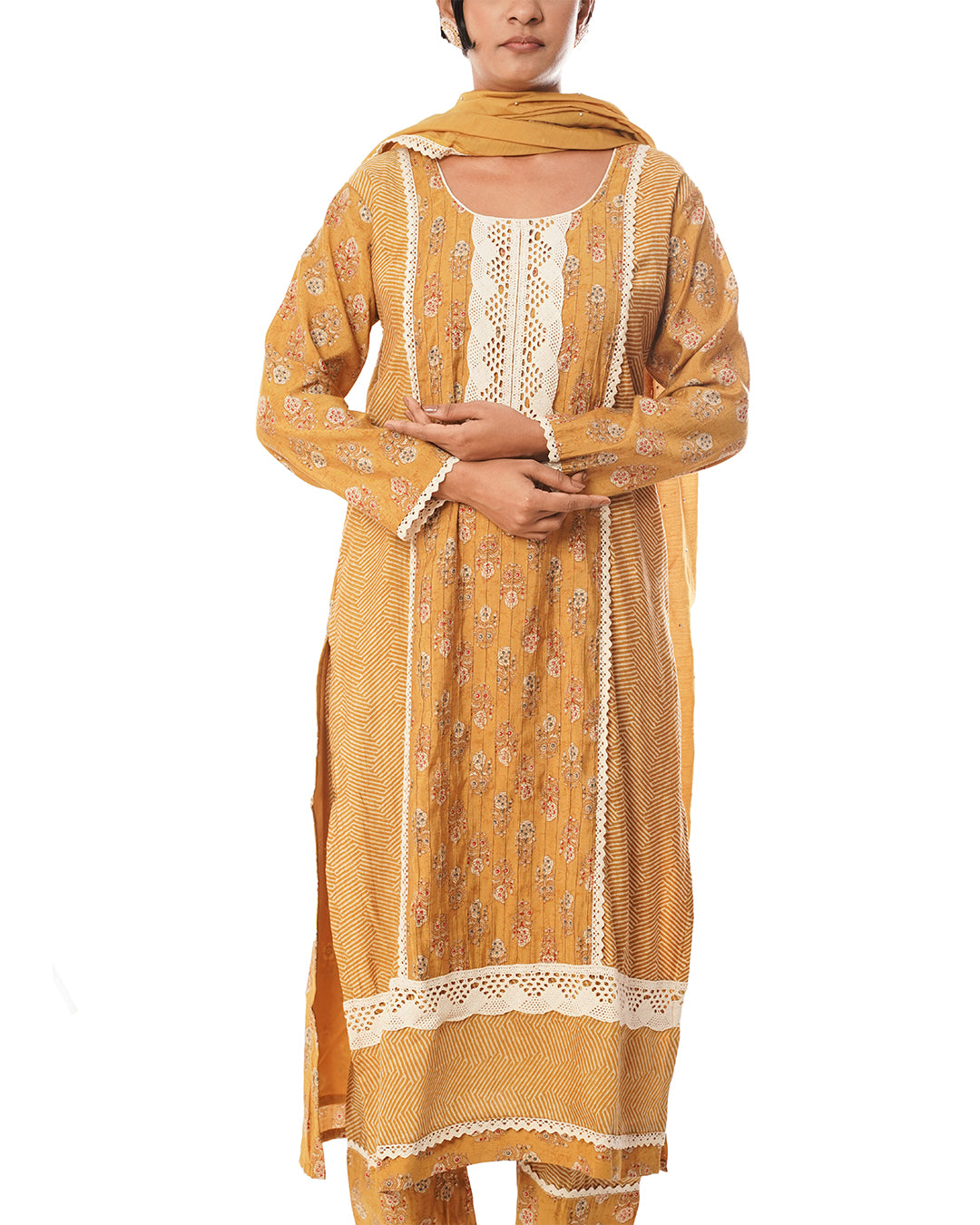 mustard muslin printed cotton churidar set