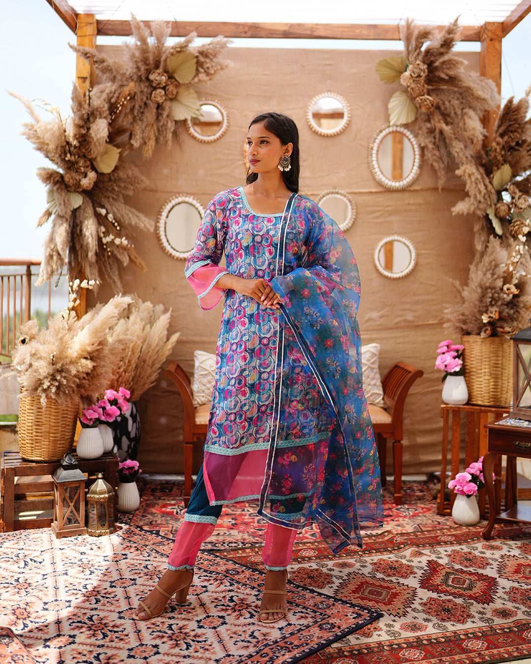 Blue printed zari cotton churidar set