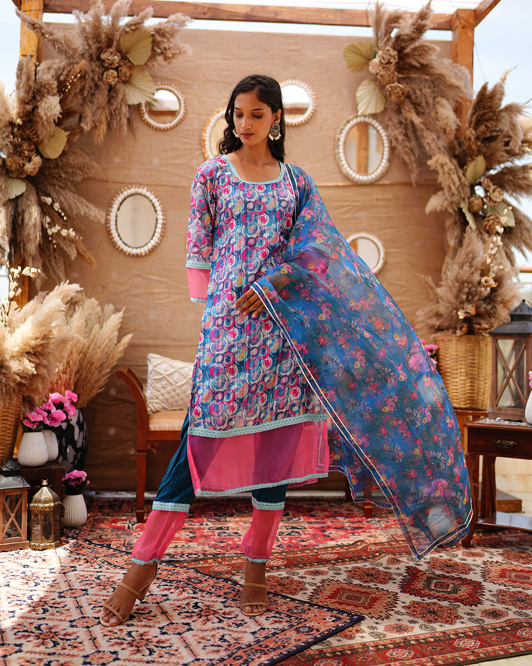 Blue printed zari cotton churidar set