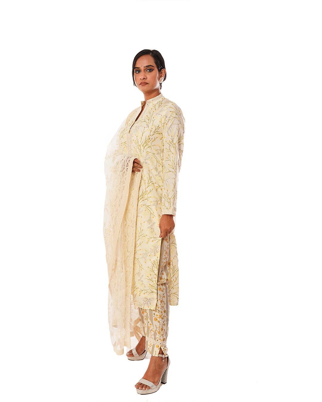 Powder yellow muslin printed cotton churidar set