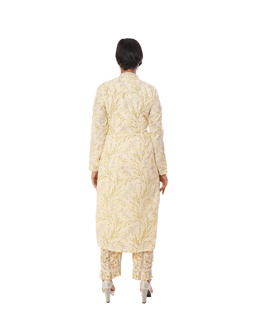 Powder yellow muslin printed cotton churidar set