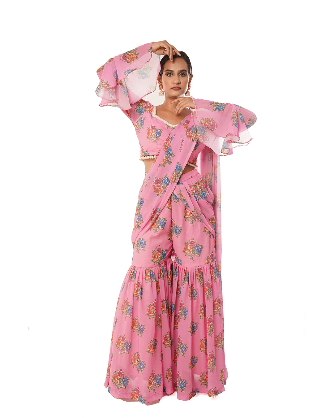 pink printed georgette sharara saree