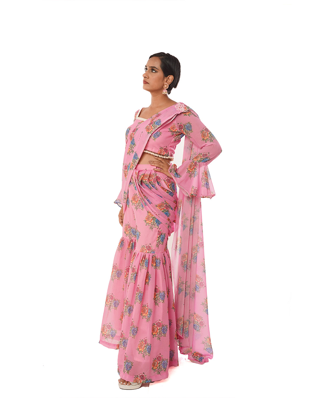 pink printed georgette sharara saree