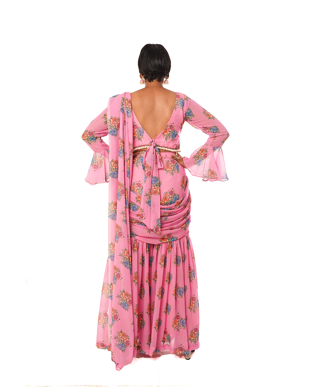 pink printed georgette sharara saree