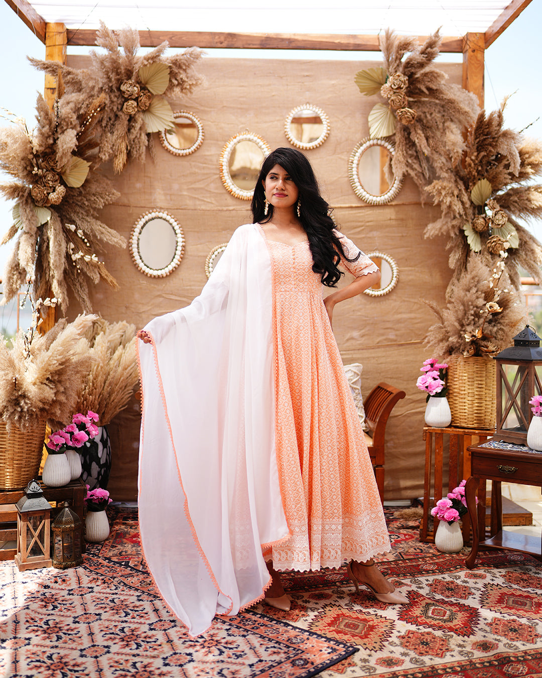 Powder peach pure cotton chikankari anarkali