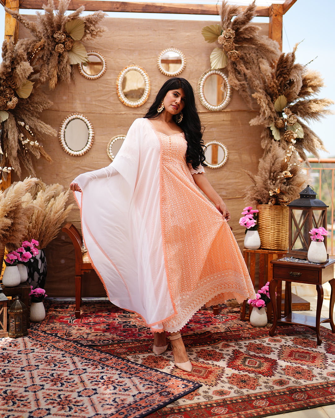 Powder peach pure cotton chikankari anarkali