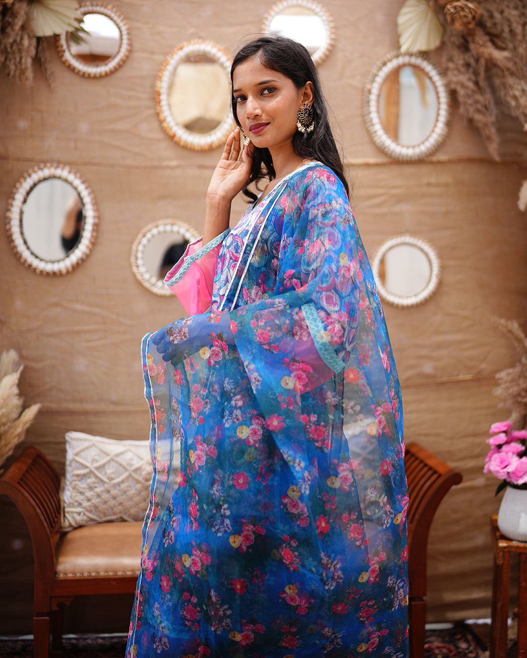 Blue printed zari cotton churidar set