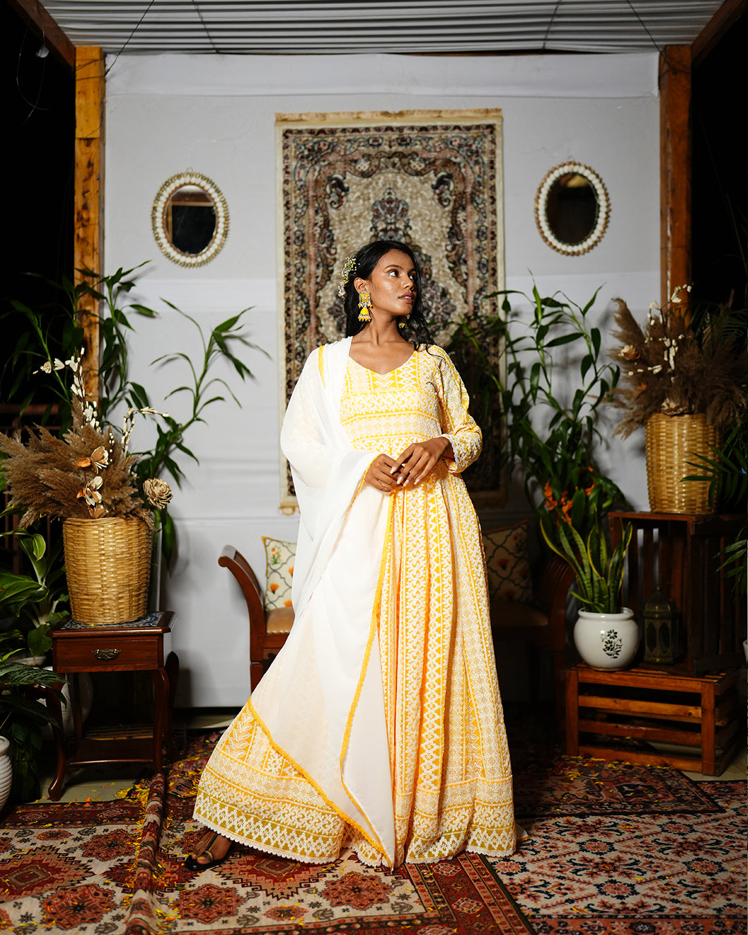 Amber yellow georgette chikankari anarkali