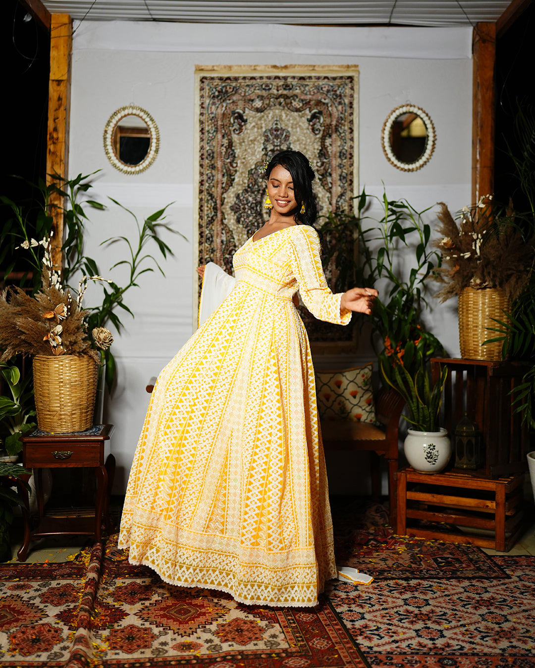 Amber yellow georgette chikankari anarkali